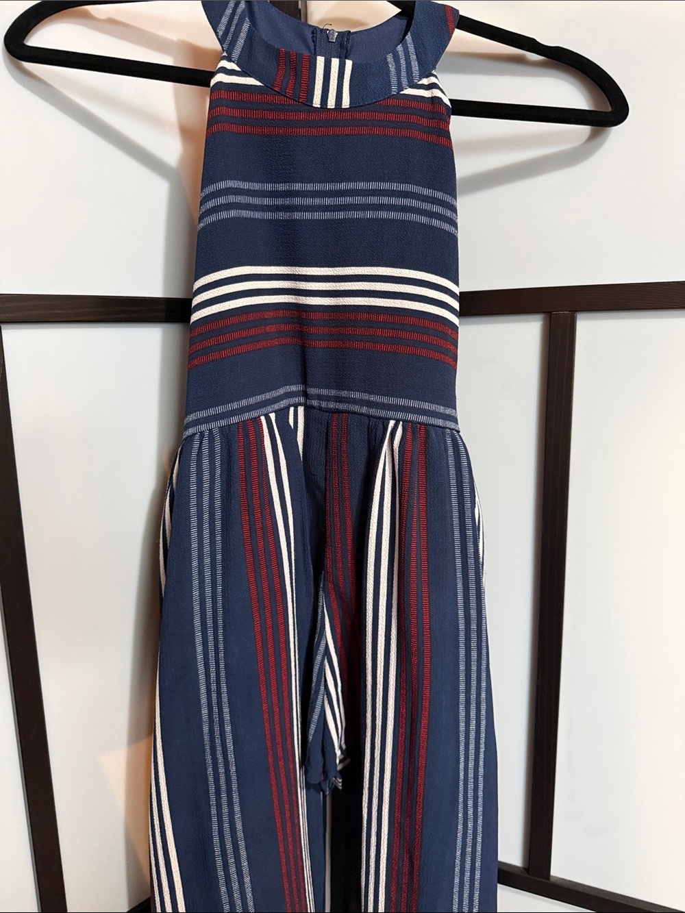 Crystal Doll Navy Halter Stripe Jumpsuit with Red & White Stripes